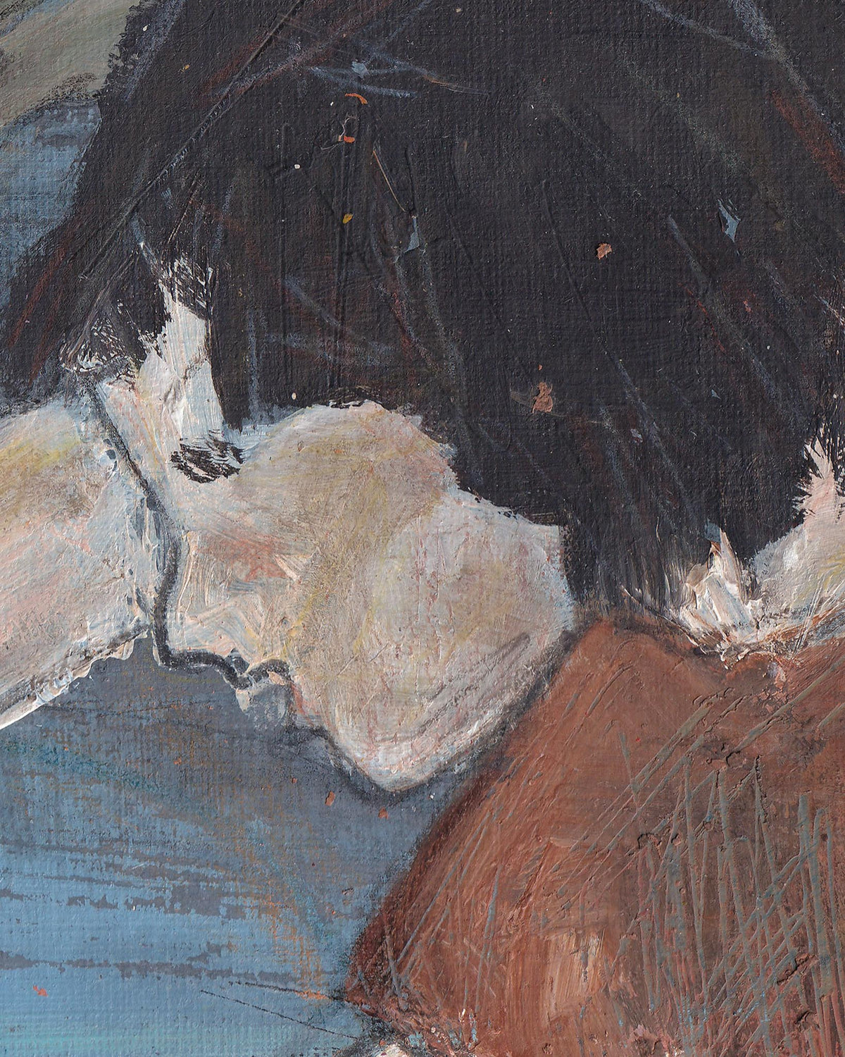 Abstract painting with dark, light gray, brown, and blue colors
