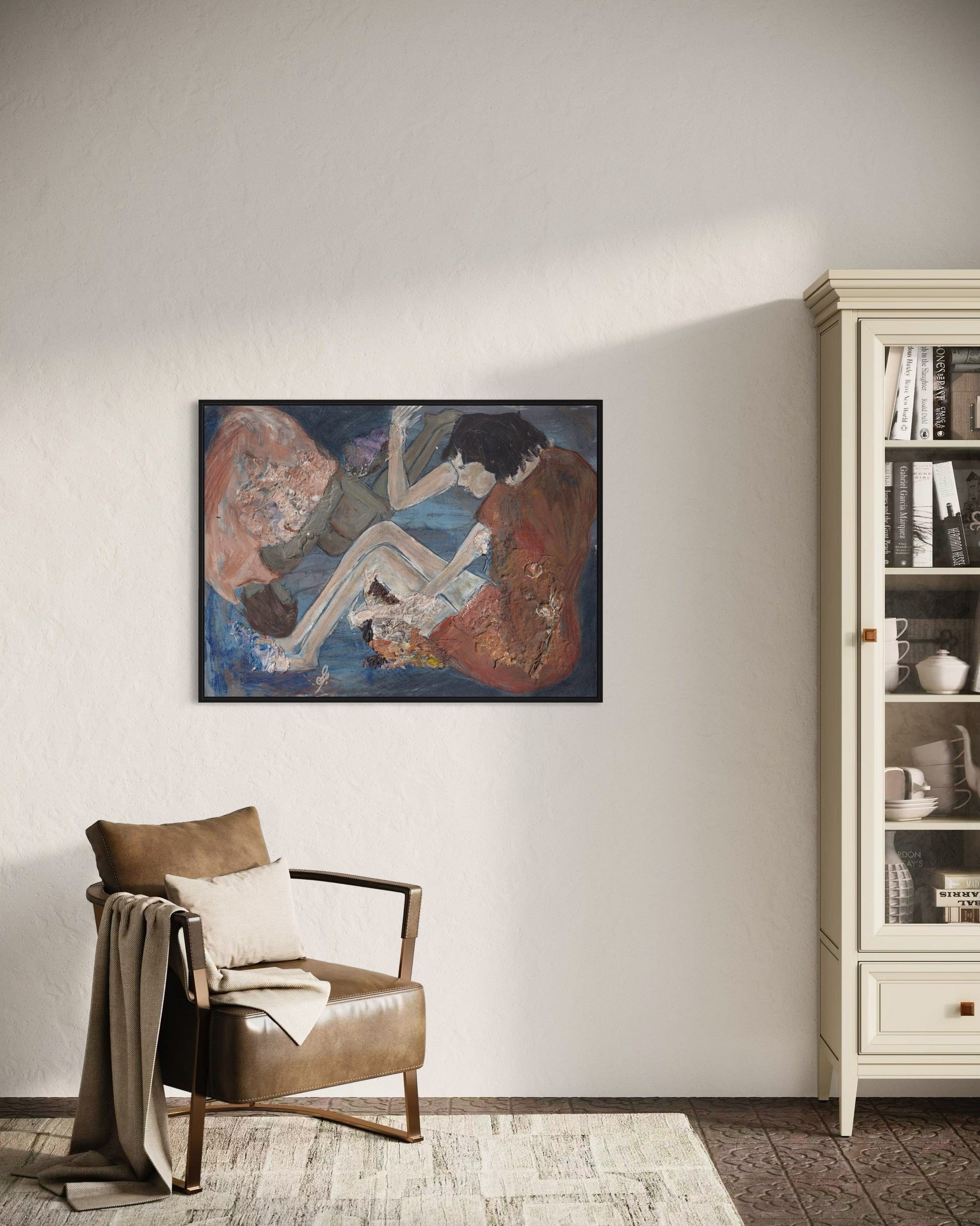 Artistic depiction of two figures on a wall in a room with a chair and cabinet.