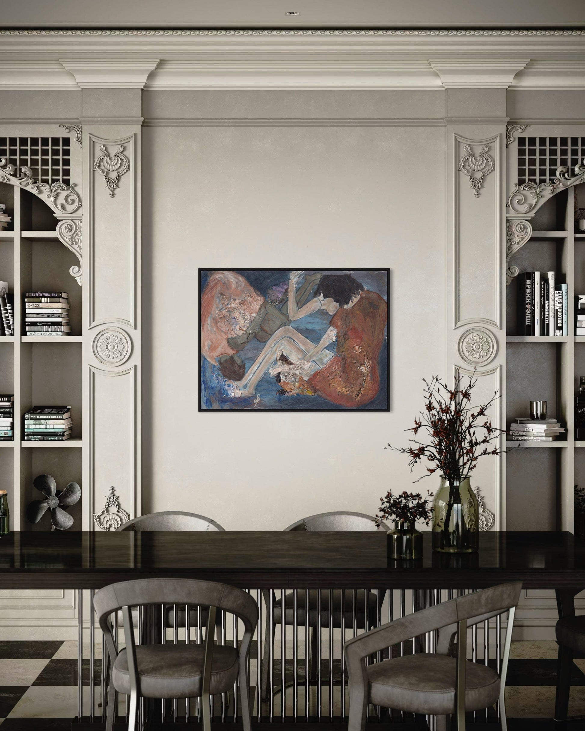 Dining room with a large abstract painting on the wall, wooden table, and chairs.