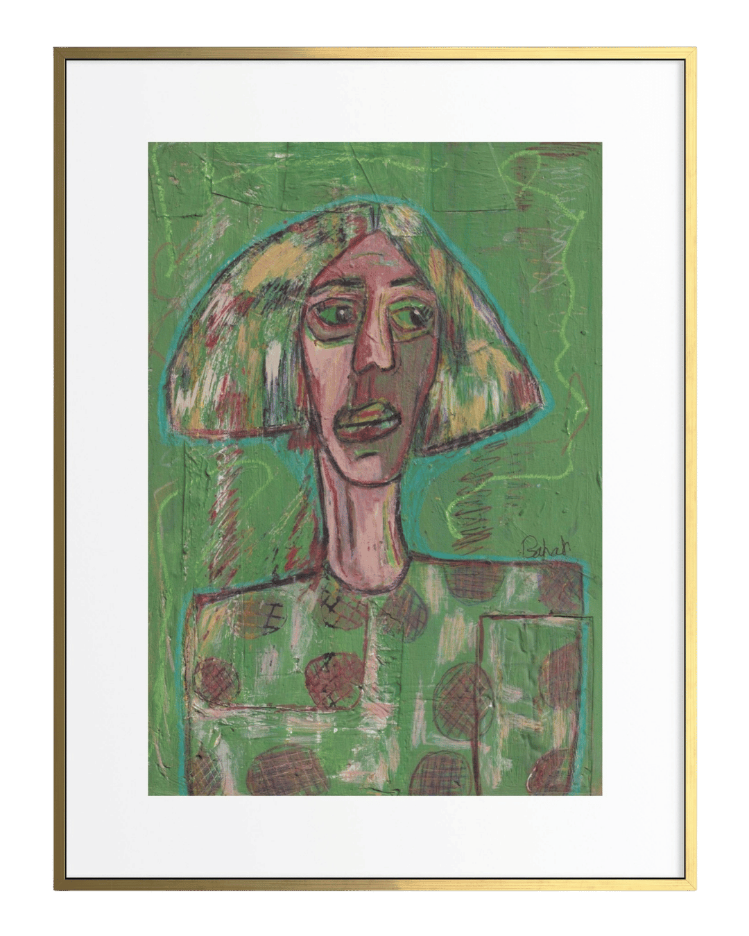 Framed artwork of a stylized portrait with abstract design on a green background
