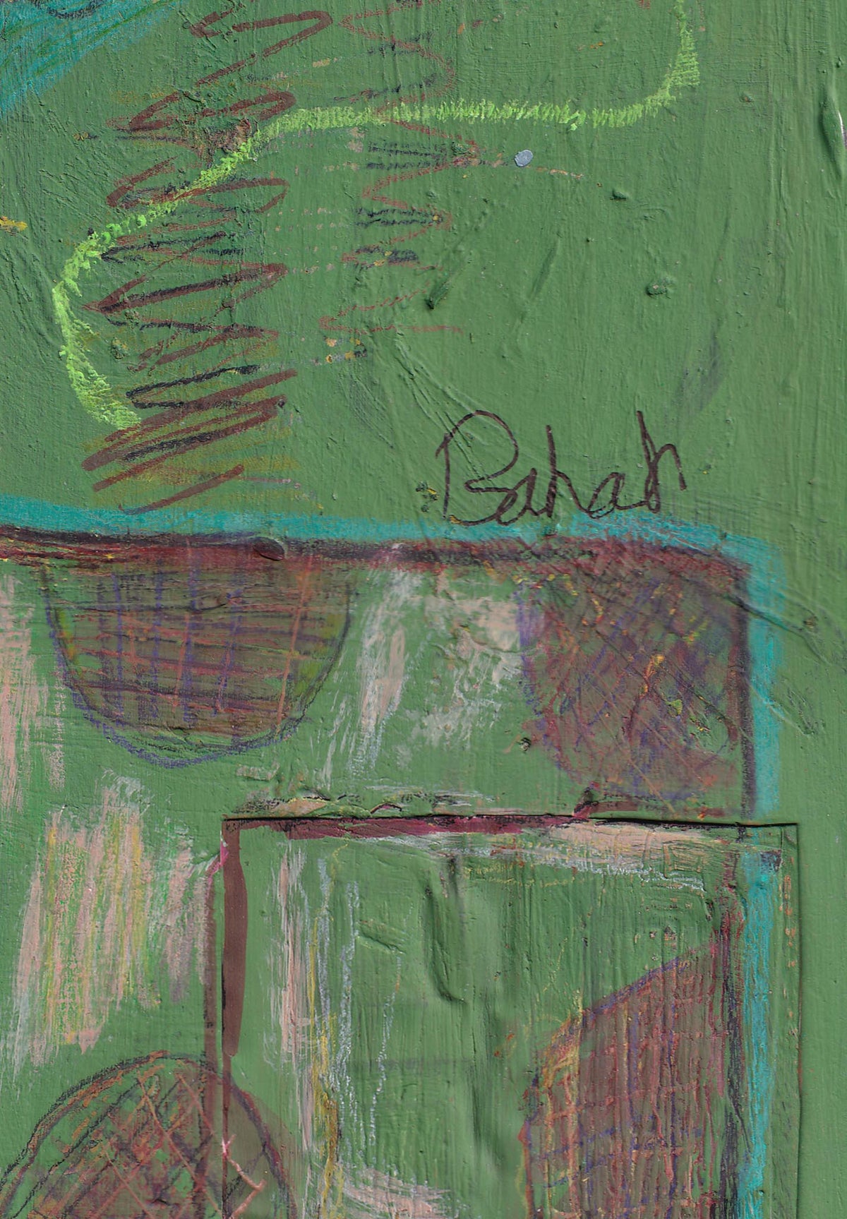 Abstract artwork with colorful strokes on a green background, featuring the artist's signature.