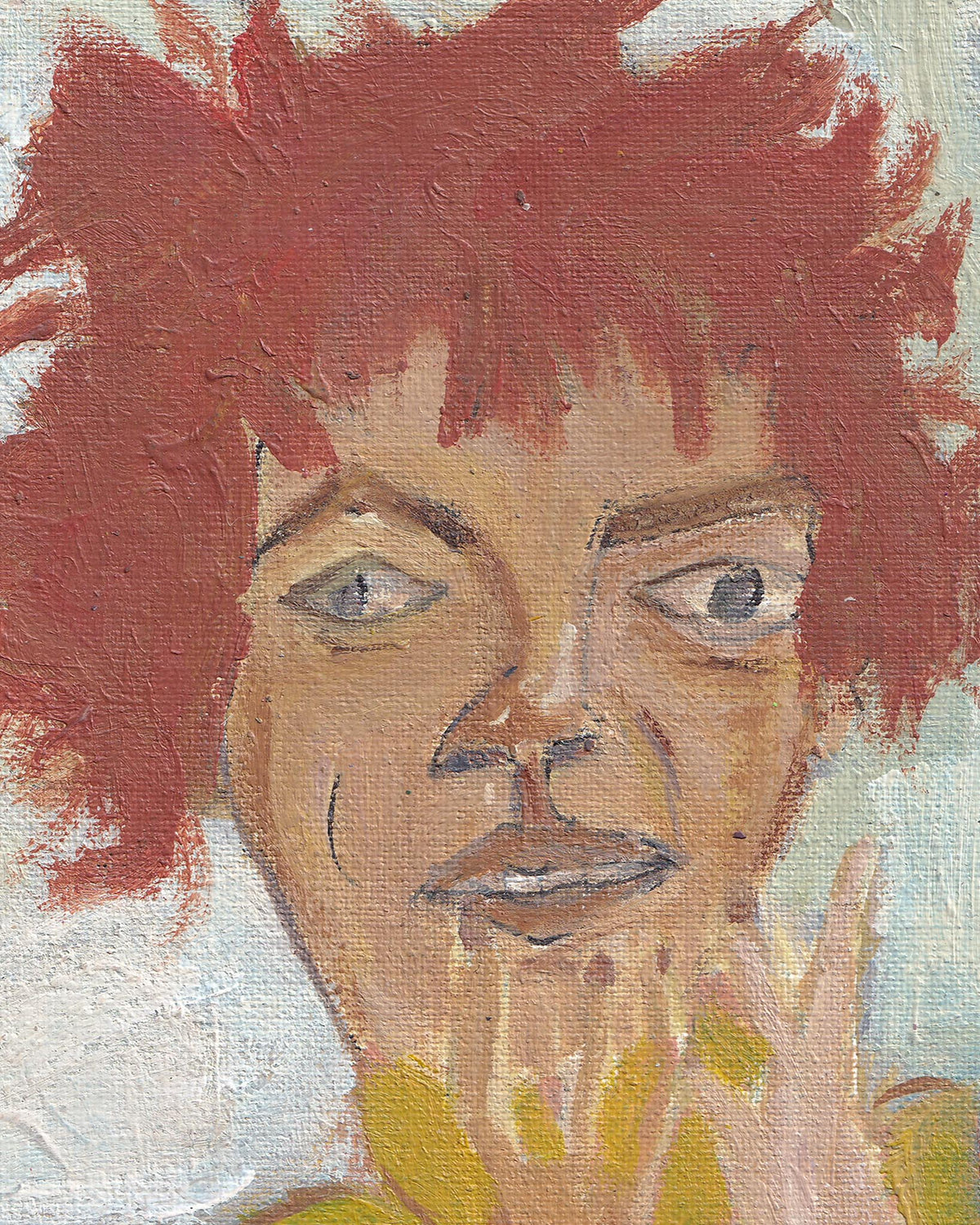 Artistic depiction of a person with red hair and a yellow garment on a textured background