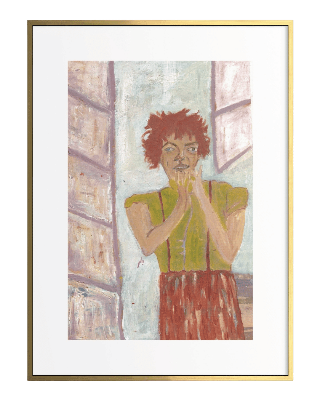 Framed artwork of a person with red hair and green top against a textured wall.