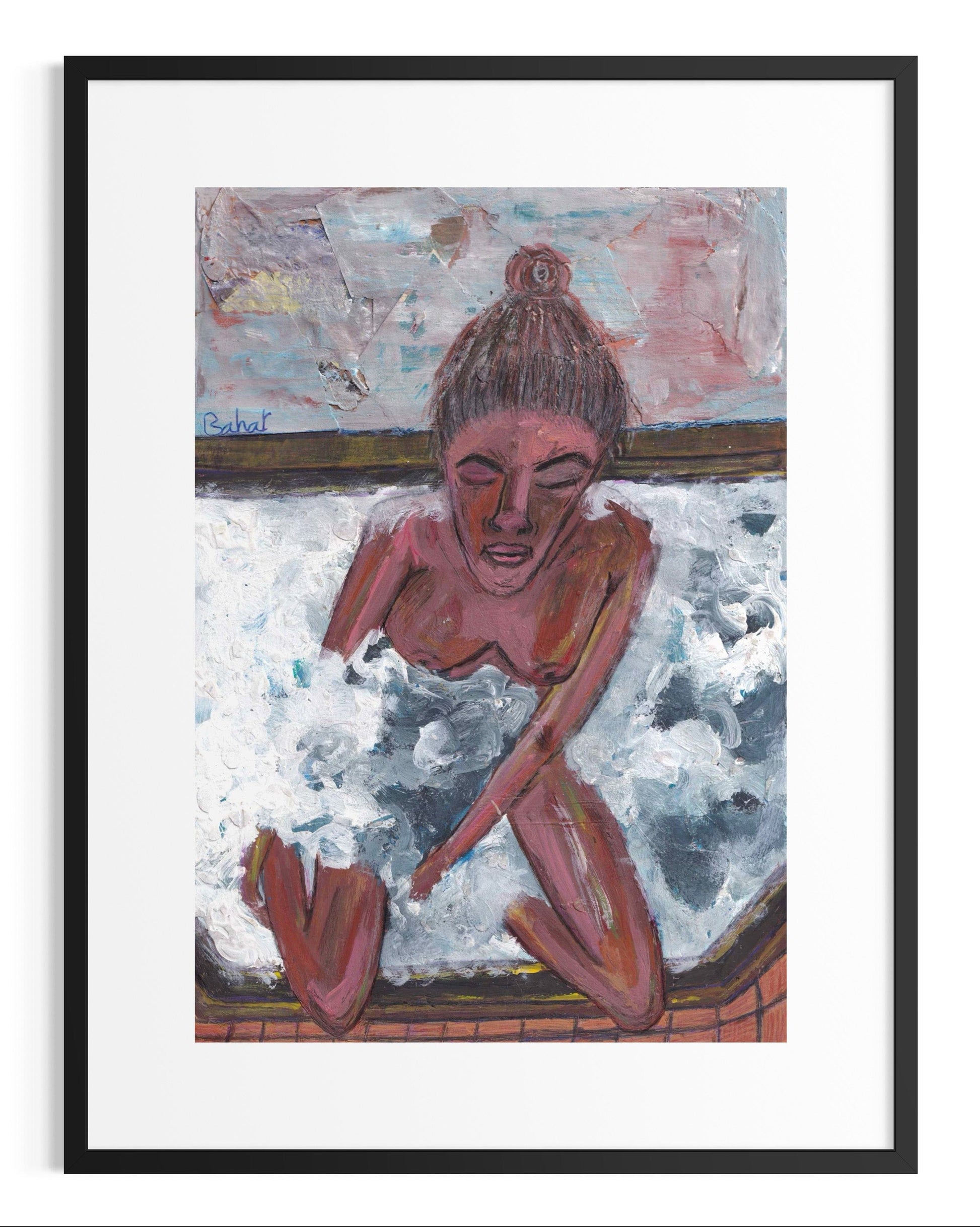 Framed artwork of a person in a bathtub with water splashing around, in a stylized abstract manner.