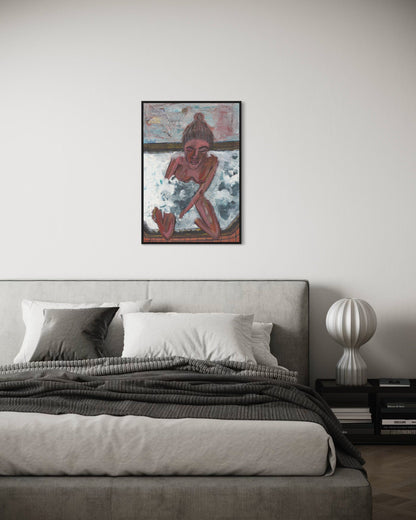 Framed artwork above a bed in a bedroom setting