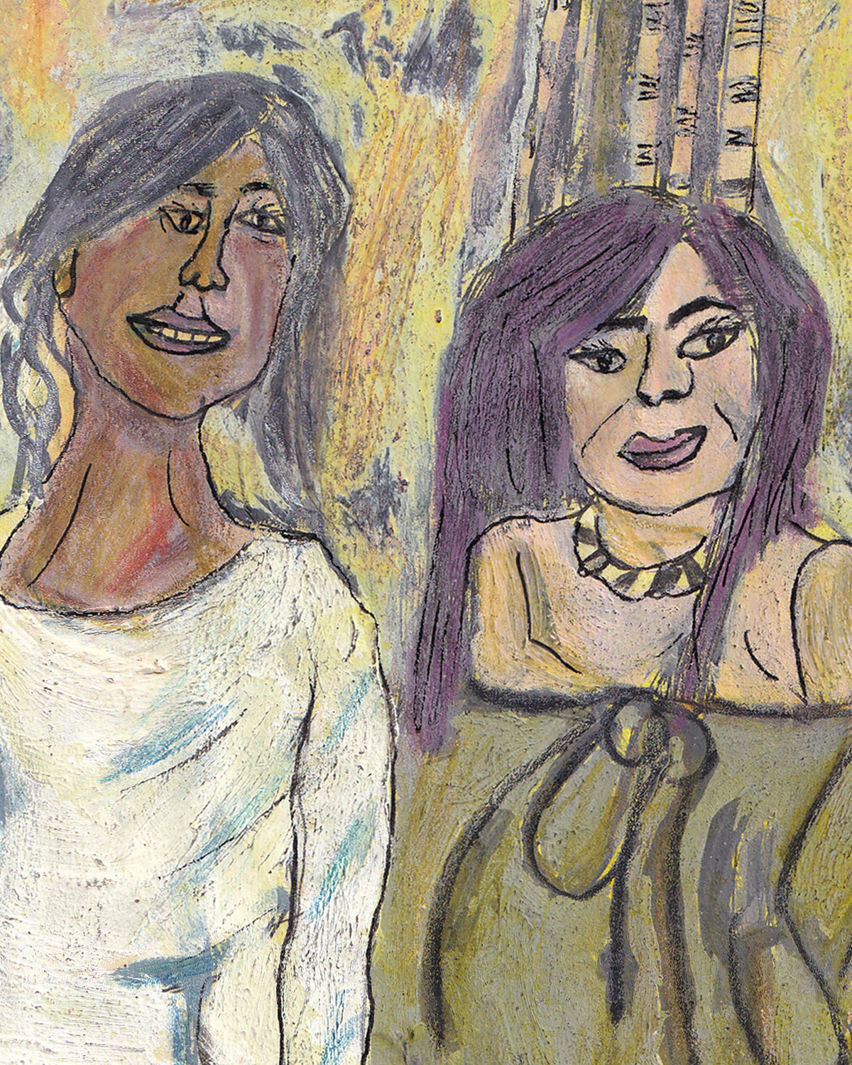 Two stylized portraits with abstract backgrounds