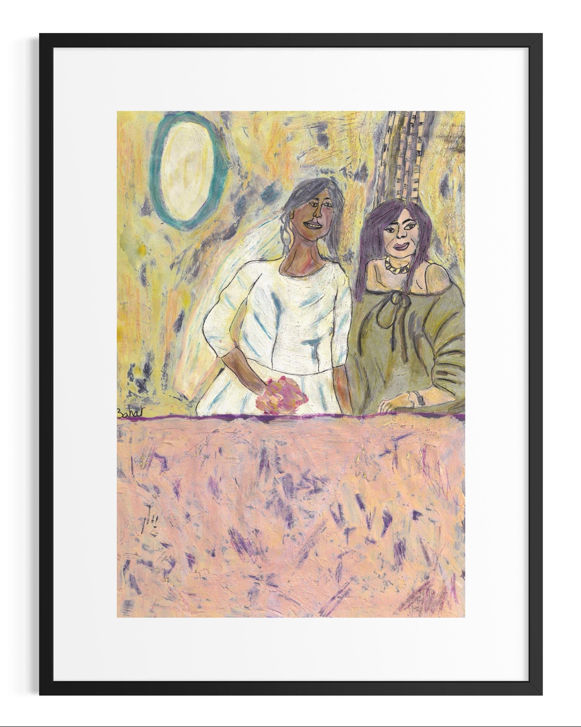 Artistic depiction of two women sitting together with abstract background
