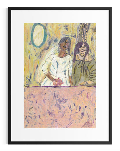Artistic depiction of two women sitting together with abstract background