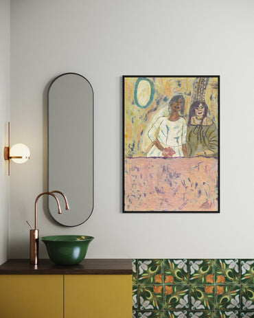 Bathroom interior with a mirror, sink, and wall art on a light gray wall.
