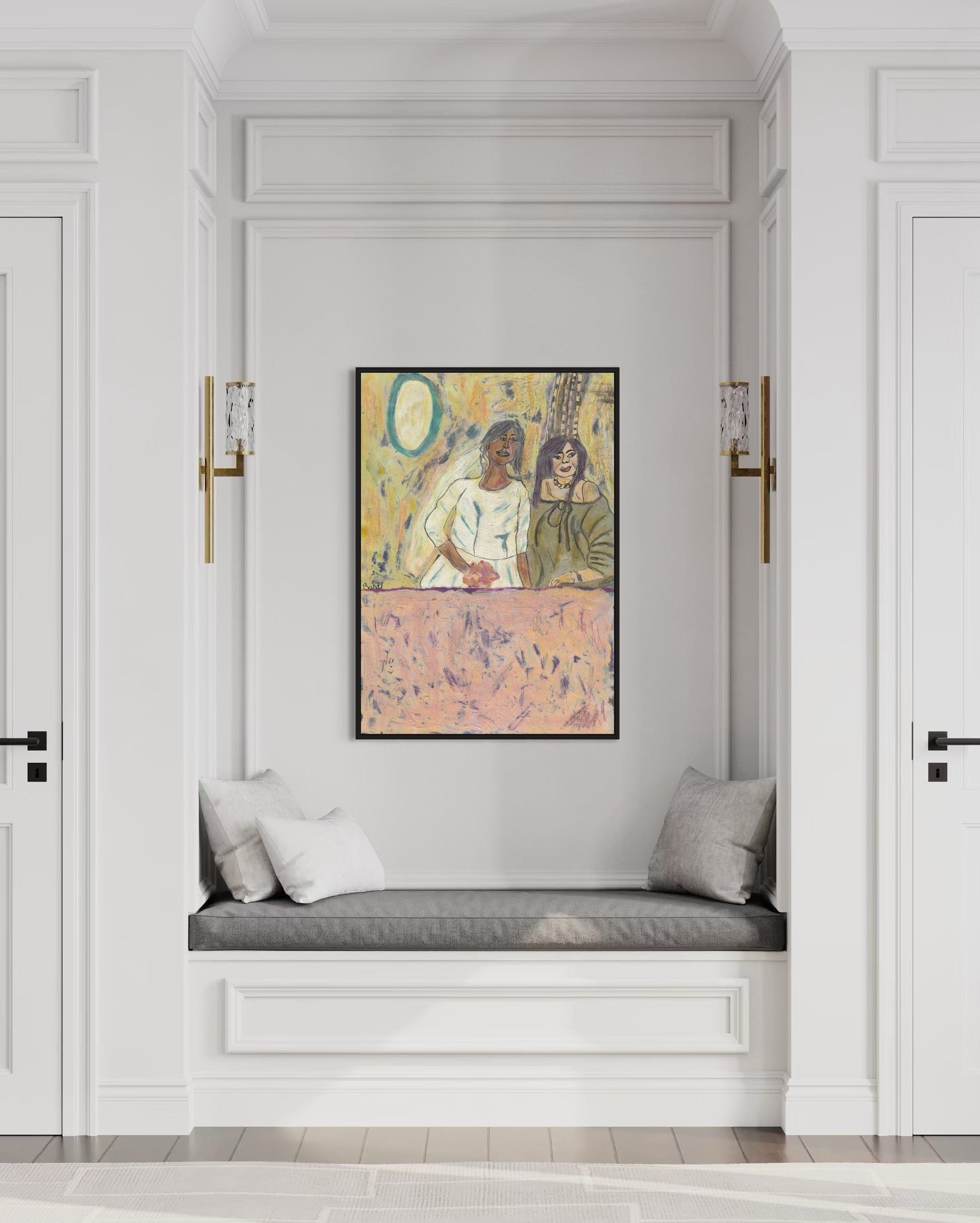 Decorative painting on a wall above a cushioned bench in a room with white walls and gold sconces.