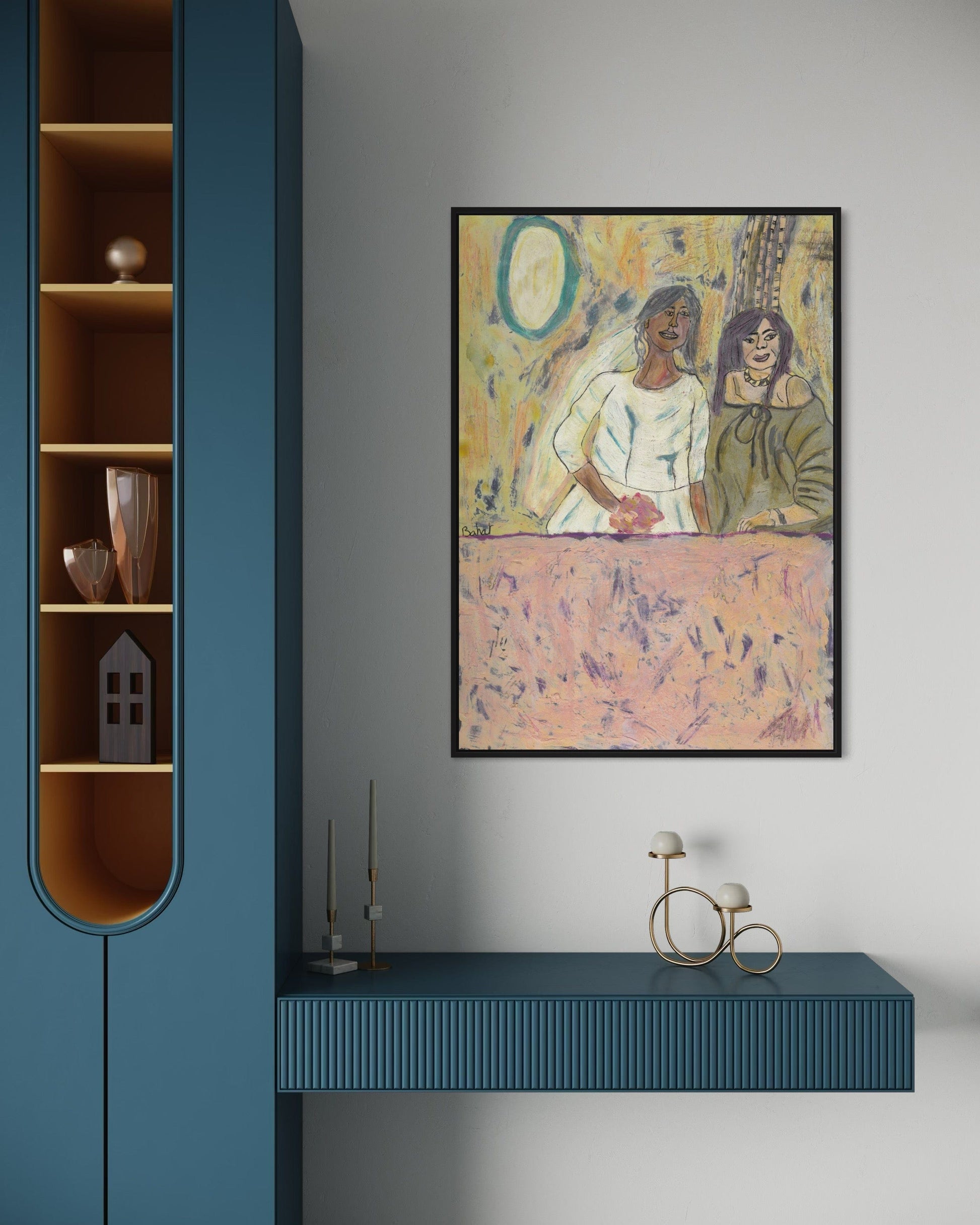 Modern interior with a blue wall, wooden shelves, and a colorful abstract painting.