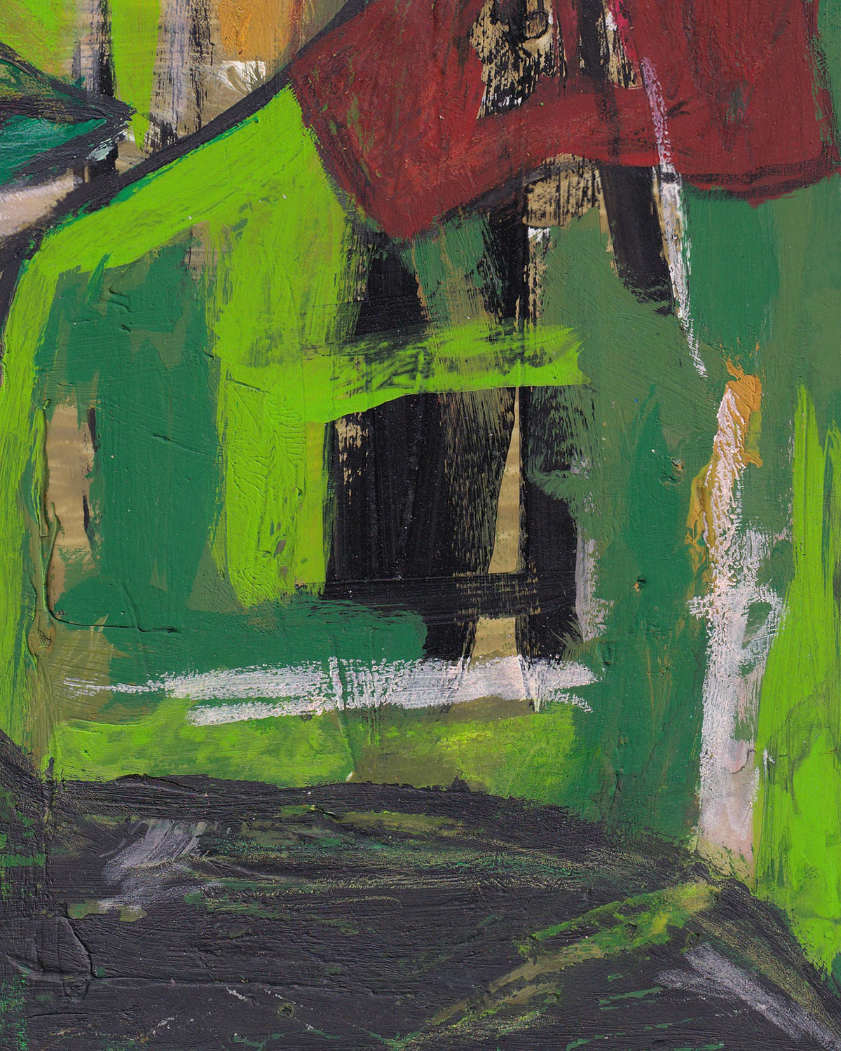 Abstract painting with green, red, and black colors