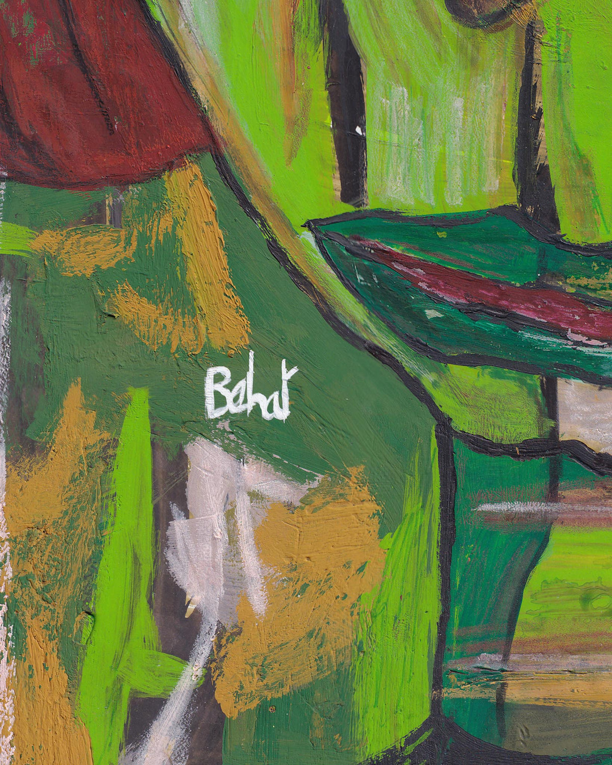 Abstract painting with green, red, and brown colors and the artist's signature 'Behat' in white.
