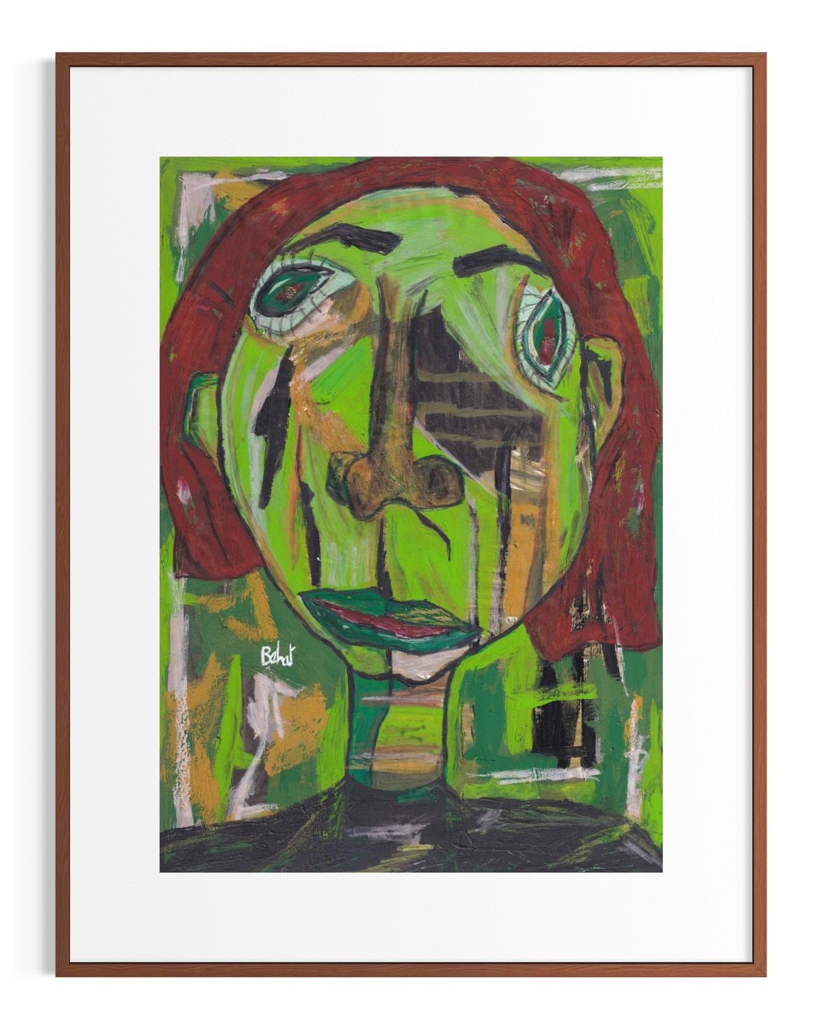 Framed abstract artwork with a green face and red hair on a white background