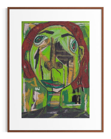 Framed abstract artwork with a green face and red hair on a white background