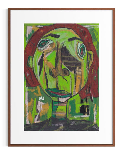 Framed abstract artwork with a green face and red hair on a white background