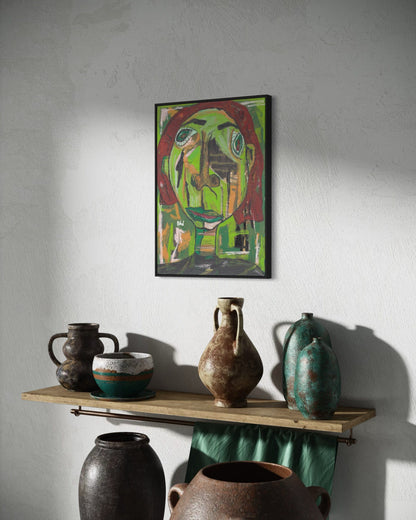Artistic wall piece above a wooden shelf with various ceramic vases.