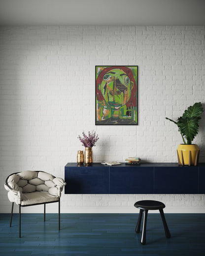 Modern interior with a blue console table, white armchair, and abstract painting on a white brick wall.