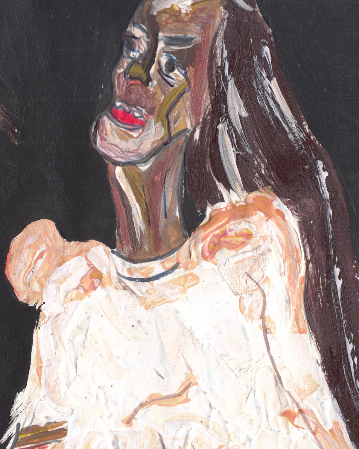 Abstract painting of a figure with long hair and a white garment on a dark background