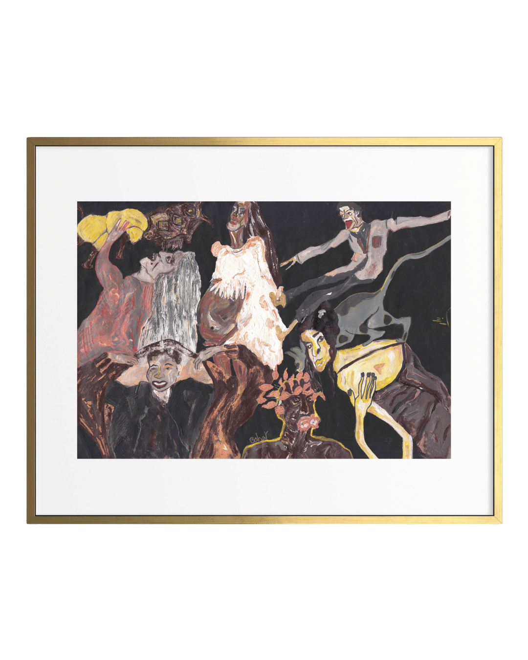 Framed artwork with abstract human figures on a dark background