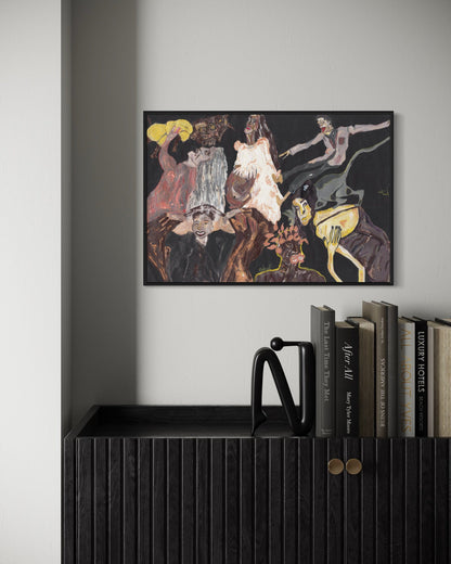 Framed abstract artwork on a wall above a shelf with books