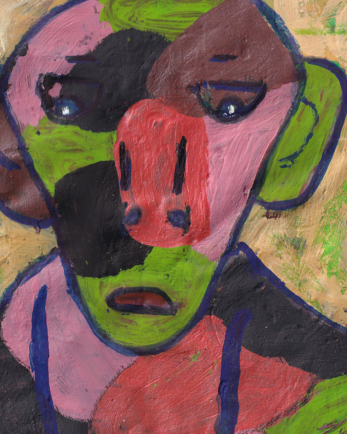 Abstract painting of a face with colorful shapes on a textured background