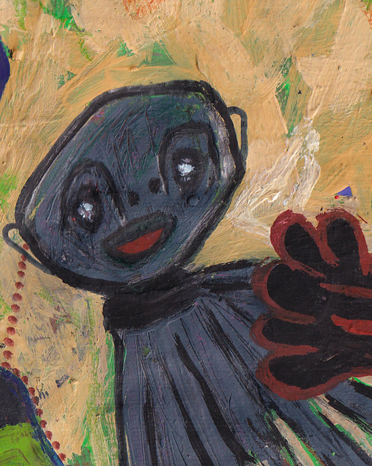 Abstract painting of a character with a blue face and red mouth on a textured beige background.