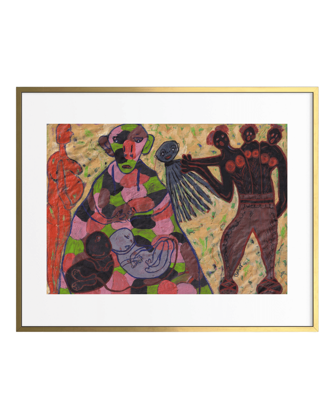 Framed artwork of abstract figures with a gold frame on a green background