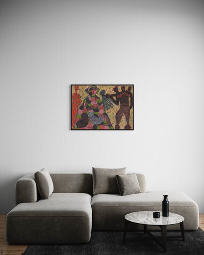 Living room with a gray sectional sofa, round coffee table, and colorful abstract painting on the wall.