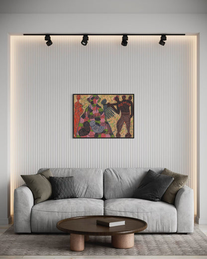 Living room with a gray sofa, wooden coffee table, and colorful abstract painting on the wall.