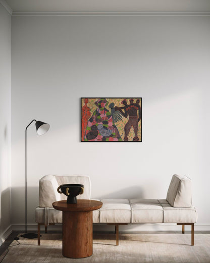 Modern living room with a sofa, table, and colorful abstract painting on the wall.