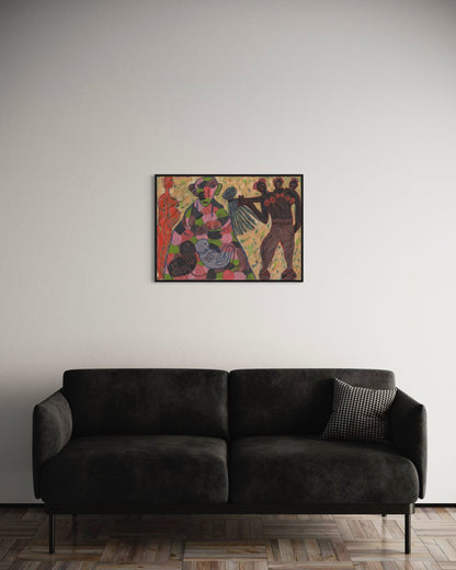 Modern living room with a dark gray sofa and a colorful abstract painting on the wall.