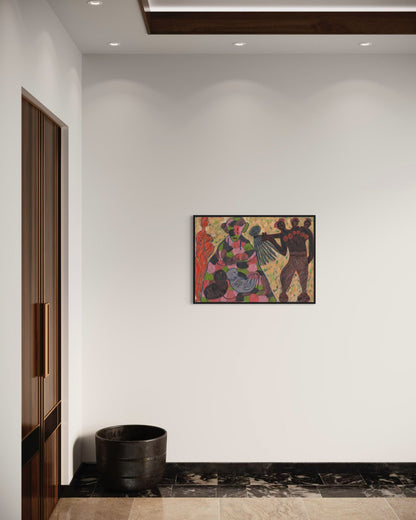 Colorful abstract painting on a white wall in a modern interior setting.
