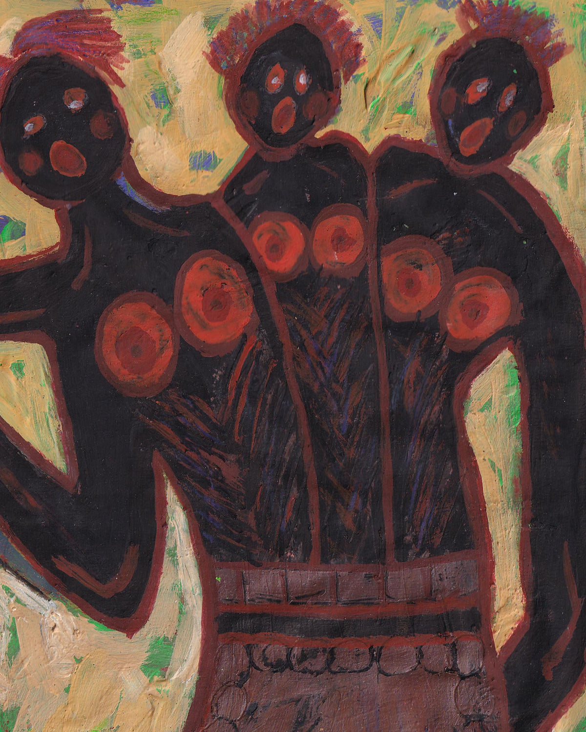 Abstract artwork with black figures and red circular patterns on a textured background