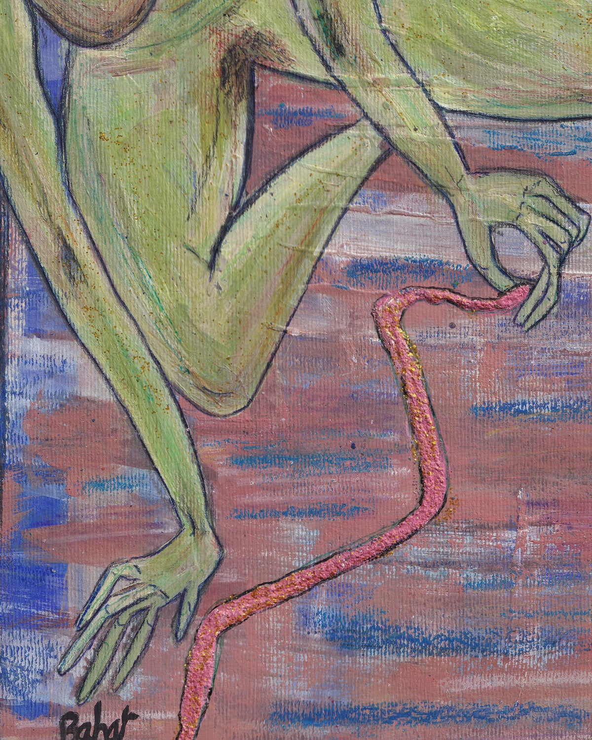 Abstract artwork of a green figure with a red snake on a multicolored background
