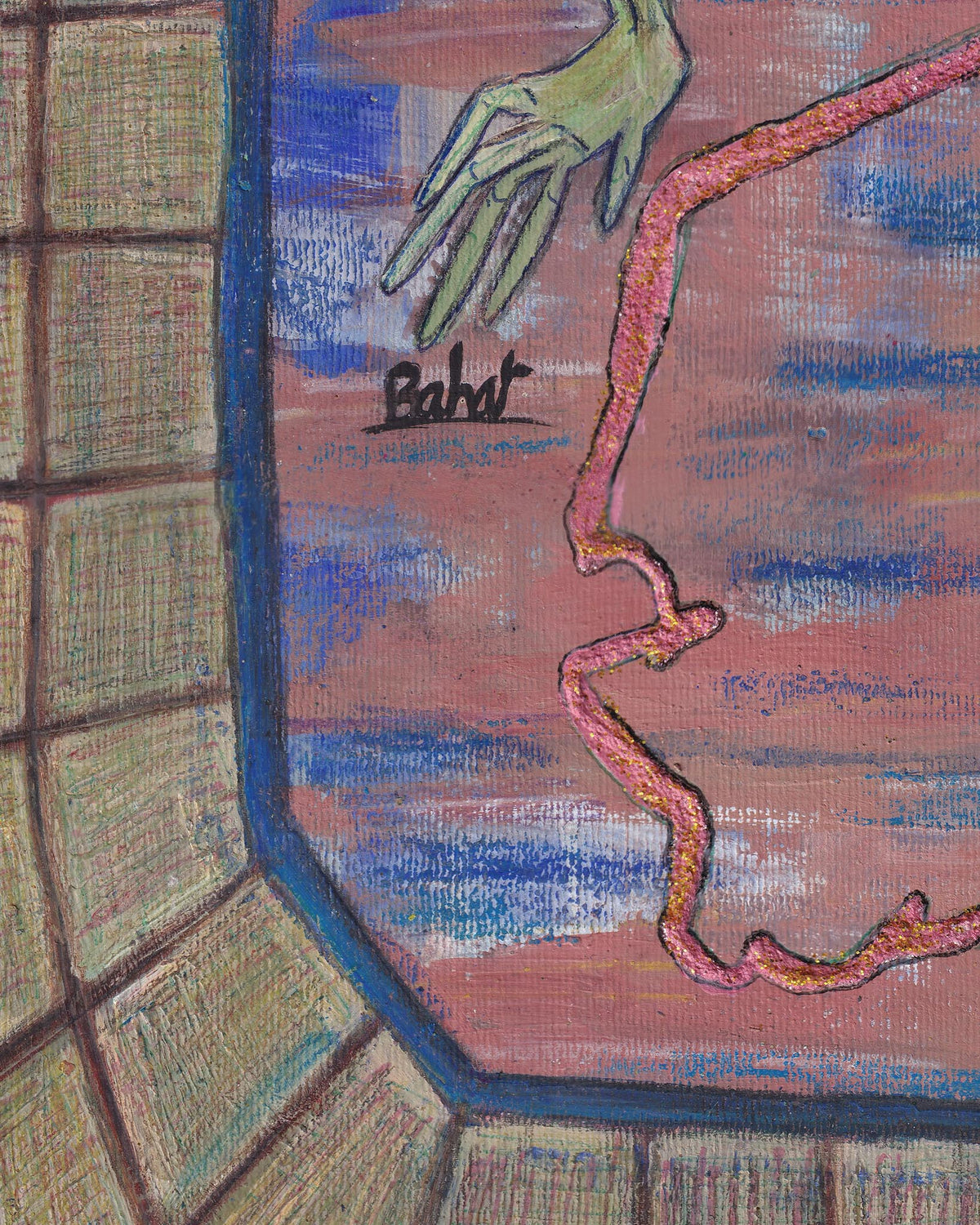 Artistic depiction of a hand reaching out from a window with a signature on a textured wall.