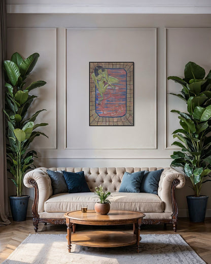 Living room with a beige sofa, wooden coffee table, and decorative plants.