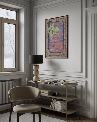 Modern interior with a chair, shelf, and colorful abstract painting on a wall.