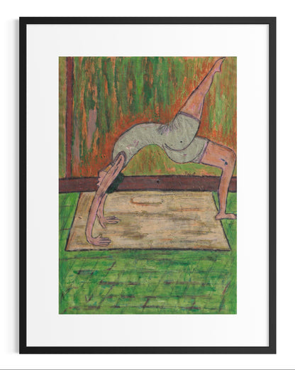Framed artwork of a person in a yoga pose on a mat with a green background