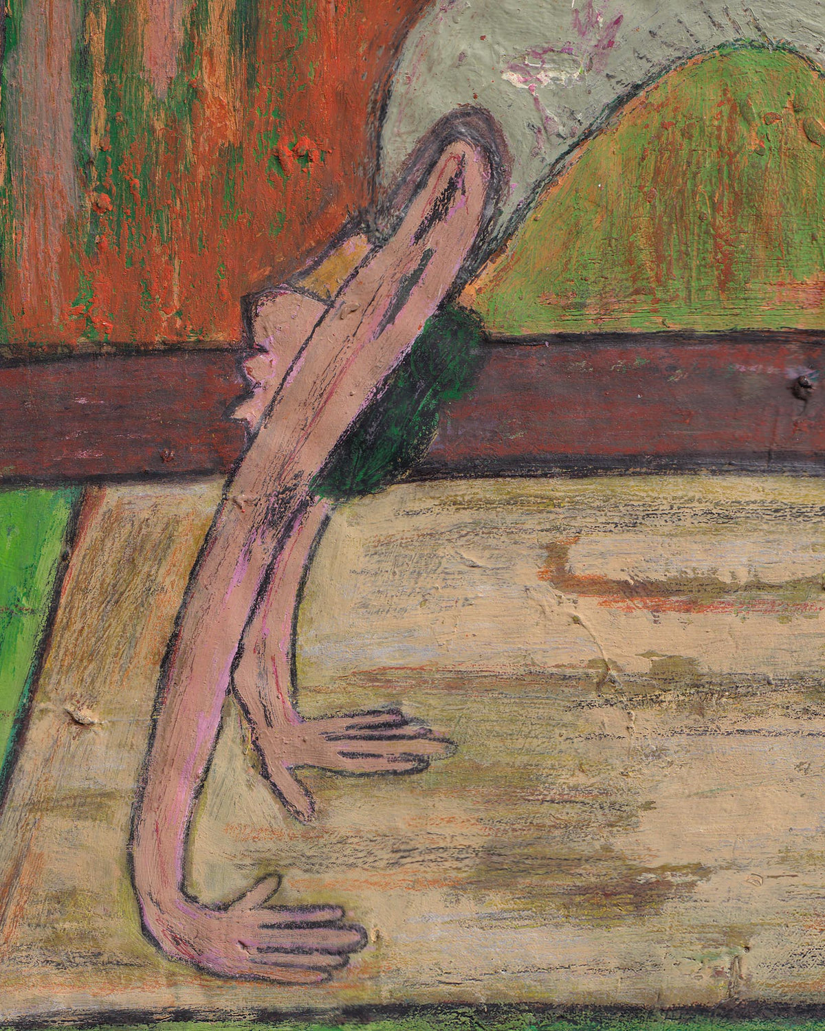 Abstract painting with a stylized figure and colorful background