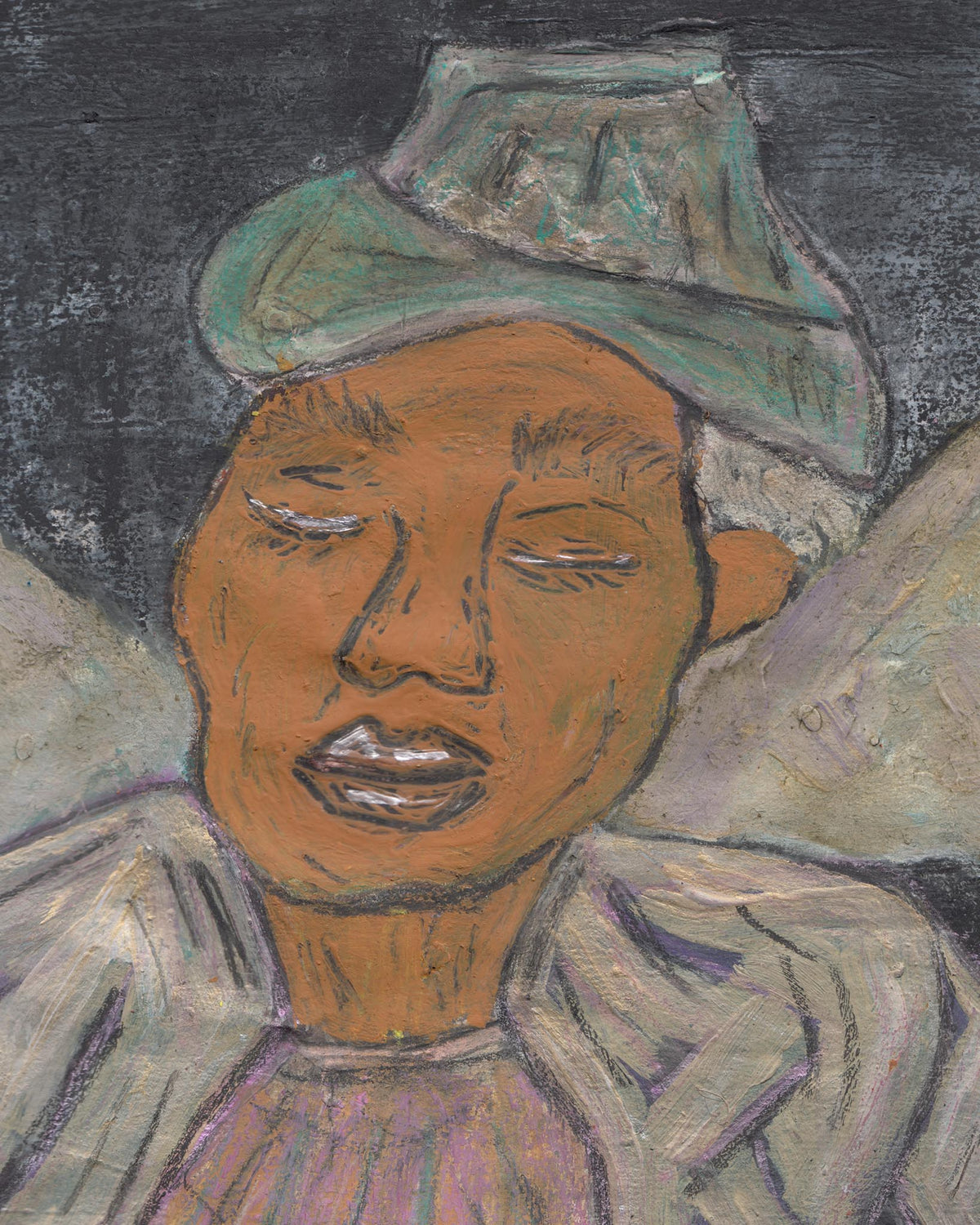 Painting of a person wearing a green hat with a dark background