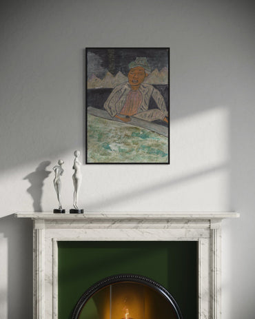 Framed artwork above a fireplace with two small sculptures on the mantel.