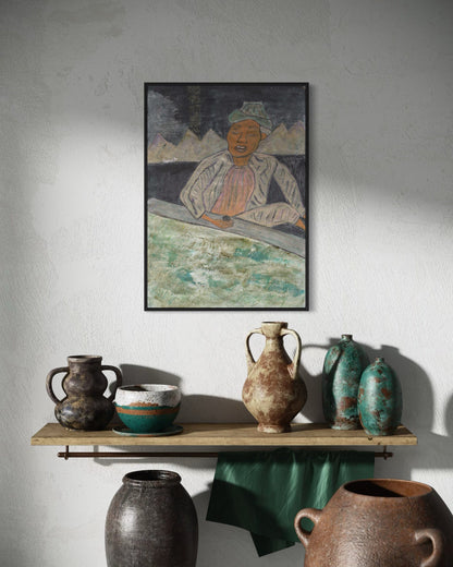 Artistic depiction of a person with mountains, displayed above a shelf with various ceramic pots.