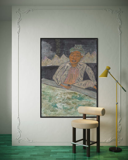 Framed artwork on a wall with a stool and lamp in a room.