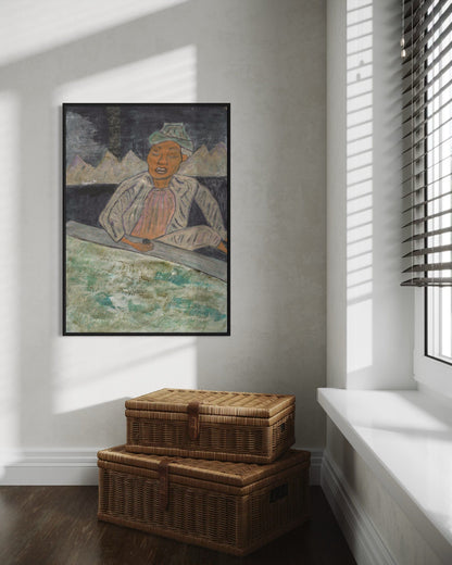 Framed artwork on a wall above two woven baskets in a room with sunlight streaming in.