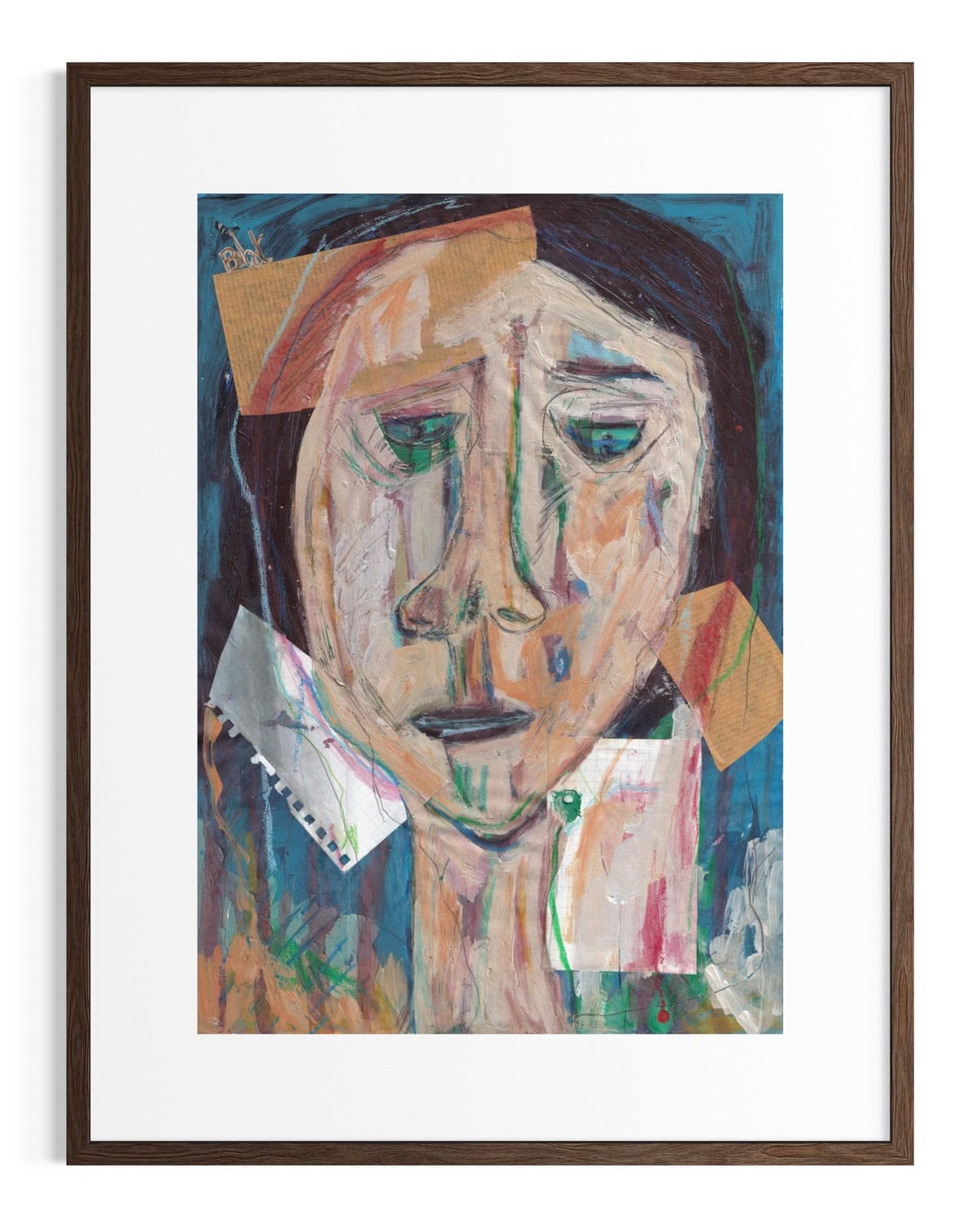 Abstract art painting of a face with a brown frame on a white background