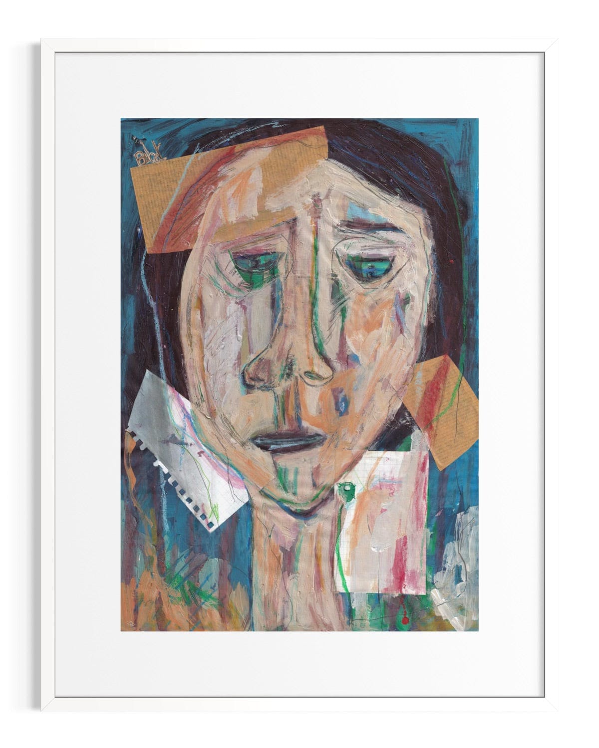 Abstract art print of a face with colorful geometric shapes on a white background