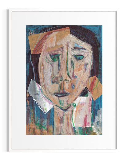 Abstract art print of a face with colorful geometric shapes on a white background
