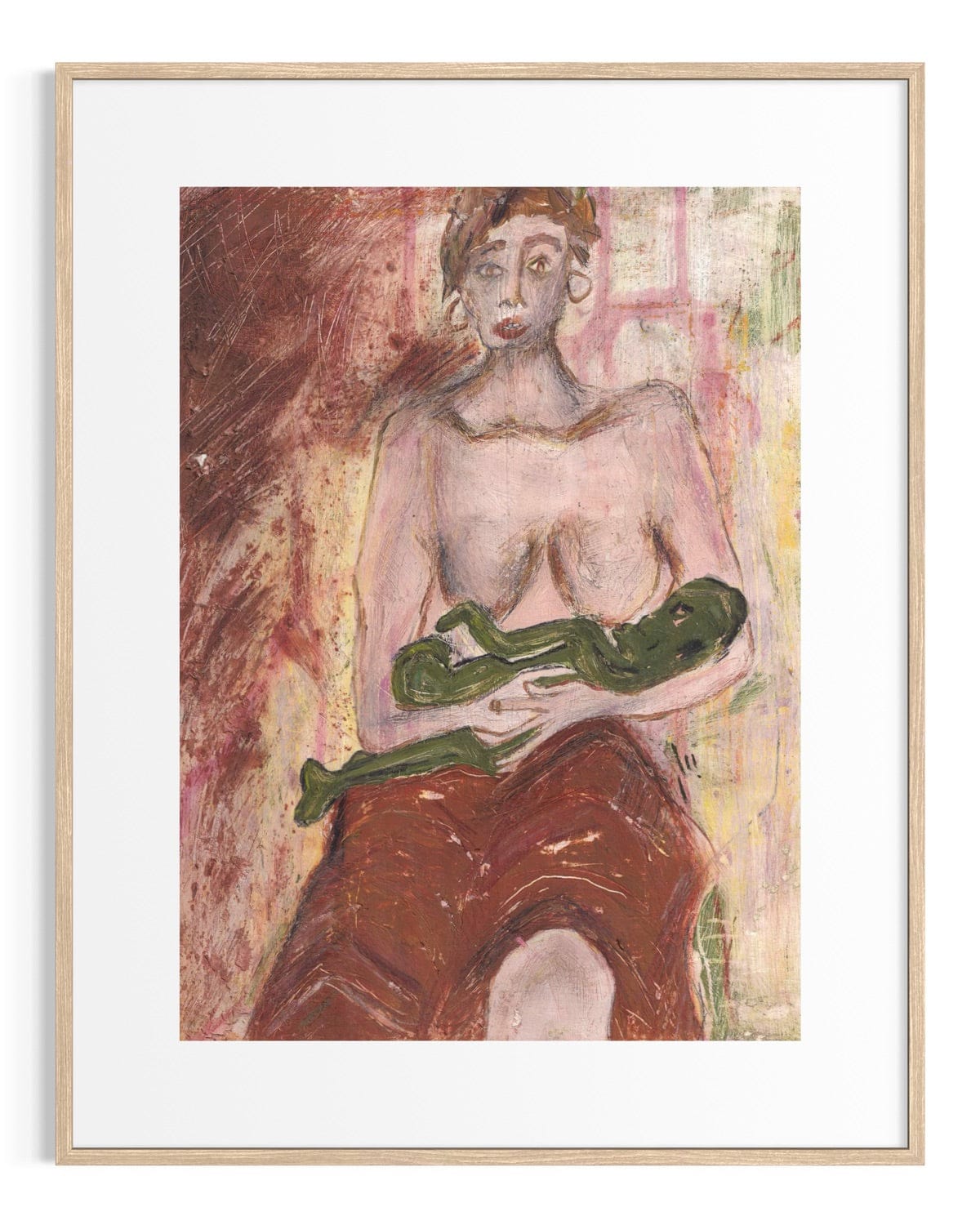 Framed artwork of a nude figure holding a green object against a textured background