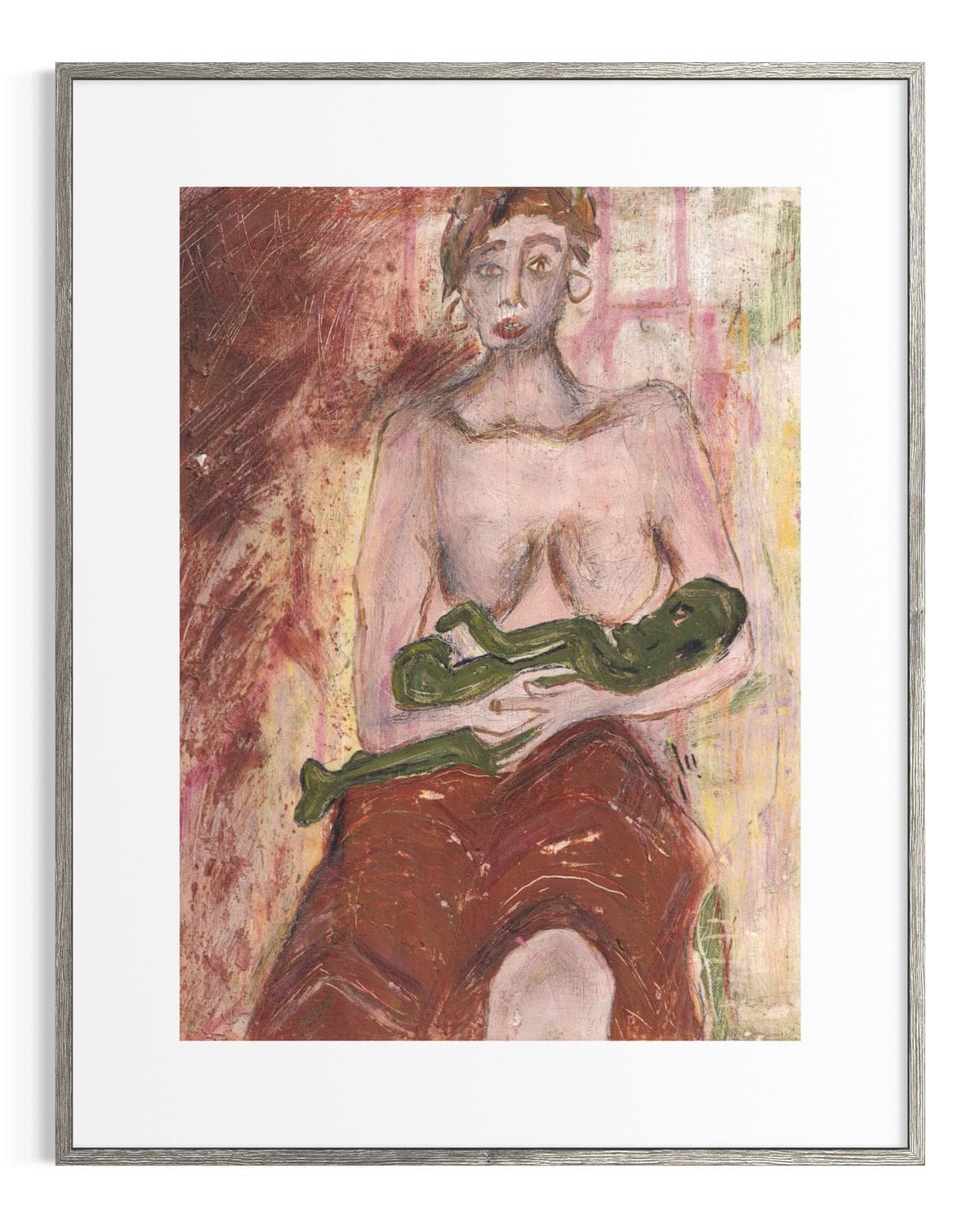 Framed artwork of a nude figure holding a green object against a textured background